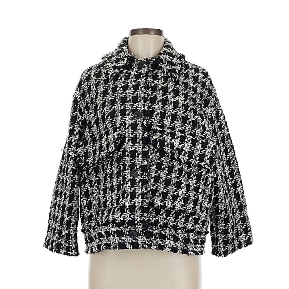 H&M Tweed Fringe Black and White Patterned Cotton Coat sz M - Picture 1 of 8